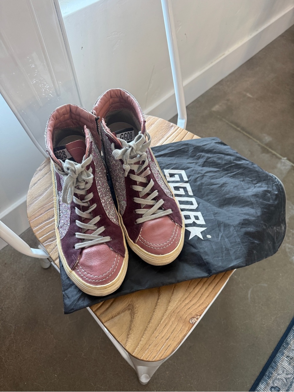Golden Goose multicolored, pink glitter high tops slides size 8